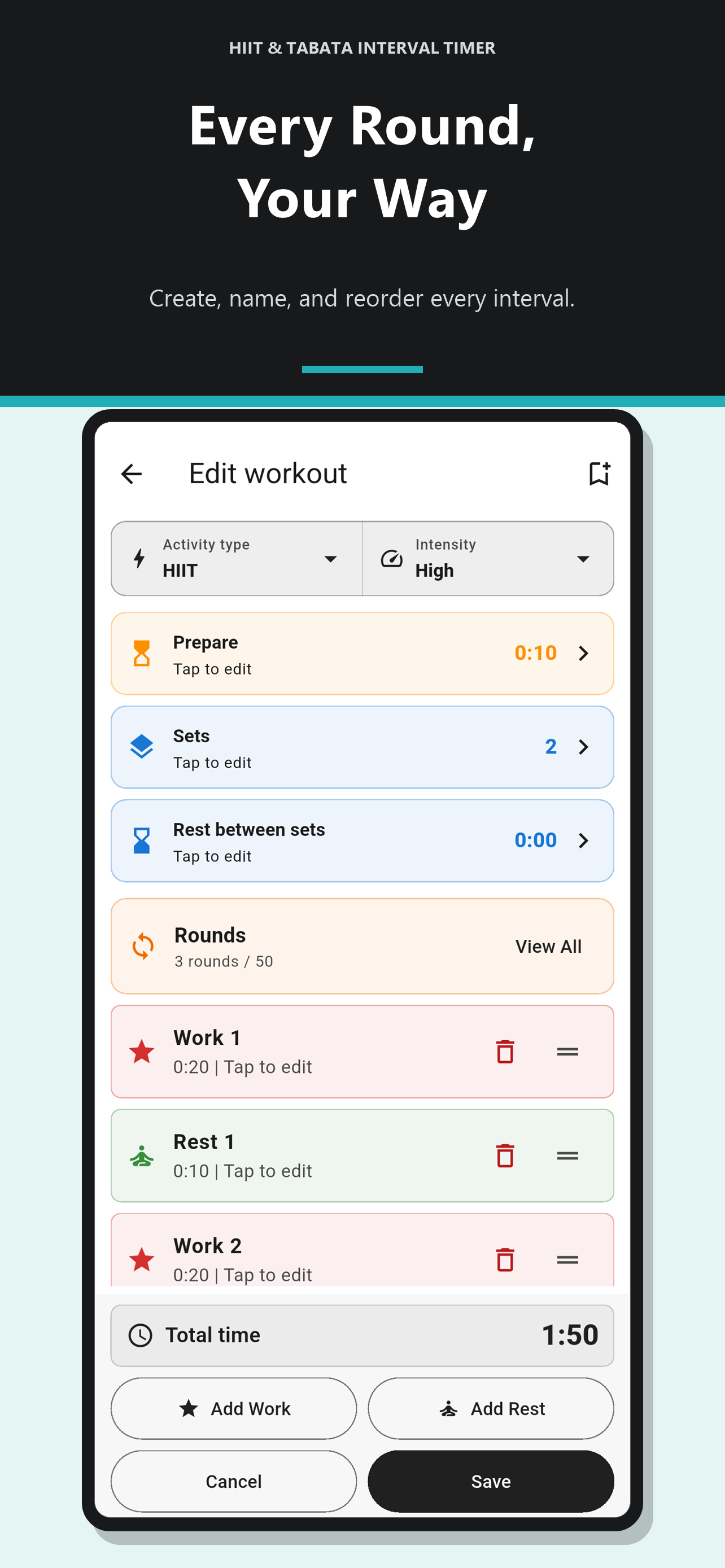 Custom workout editor with individually timed work and rest rounds