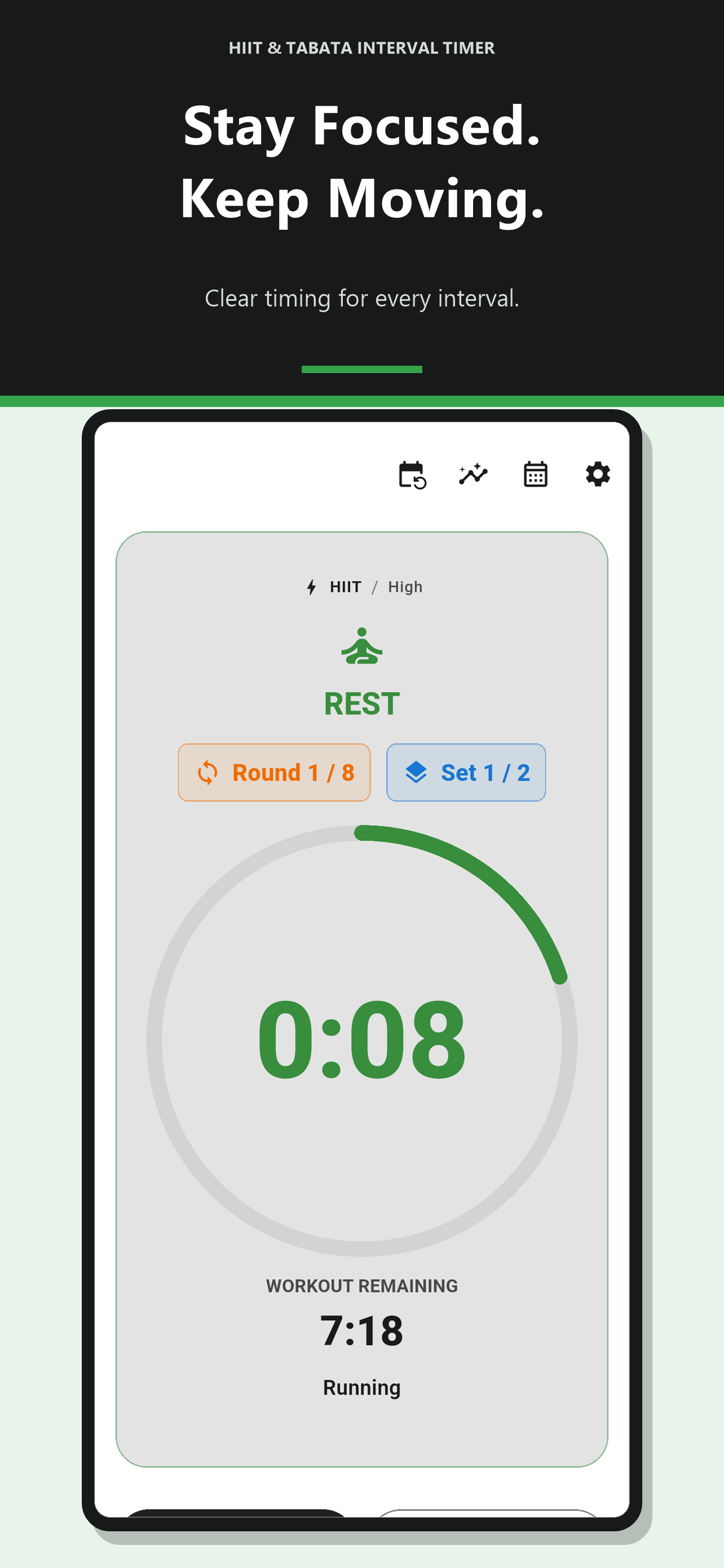 Active rest interval showing a large countdown and workout progress
