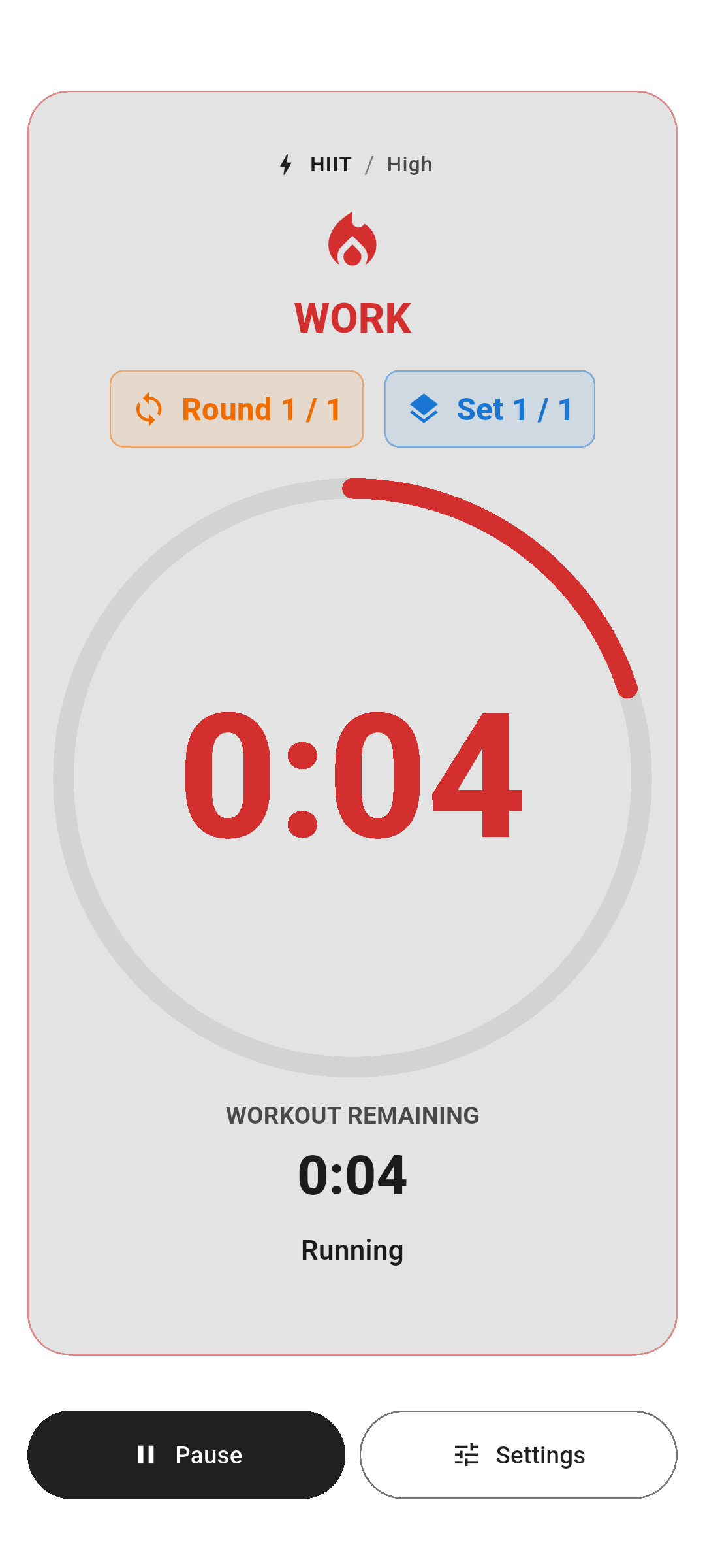 Actual app timer with a large work countdown, round and set counters, remaining time, and pause controls